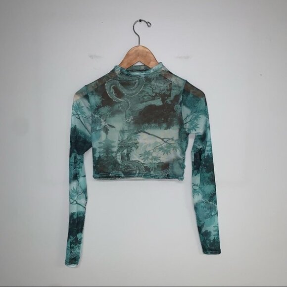 PrettyLittleThing Crop Top Size 4 Emerald Long Sleeve Chinese Dragon Mesh Ruched - Picture 6 of 8